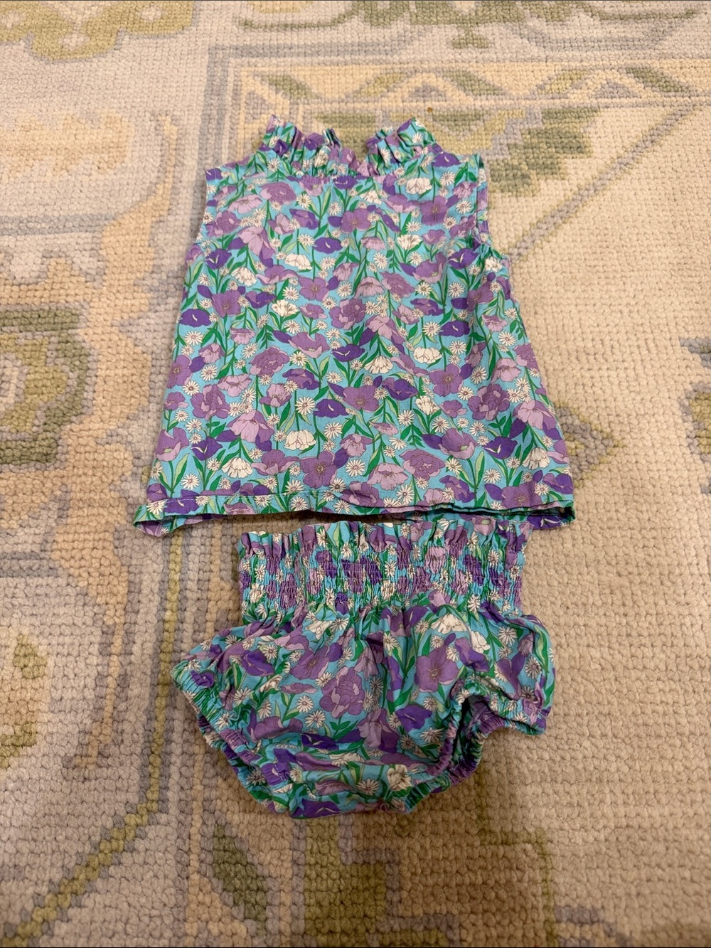 Girls Floral Ruffle Neck Top & Bloomers Set - Purple/Green